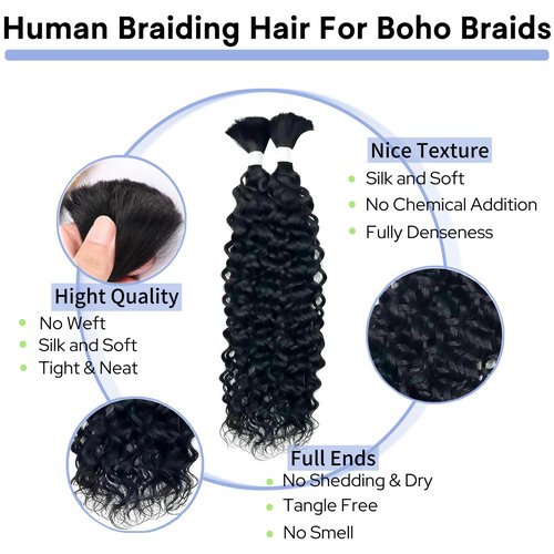 Human Braiding Hair for Boho Braids 26inch 100% human hair Water Wave Bulk Braiding Knotless No Weft Curly Bundles Human Hair Wet and Wavy Micro Hair Extensions Bulk 2 Bundles 100g hair Natural Color