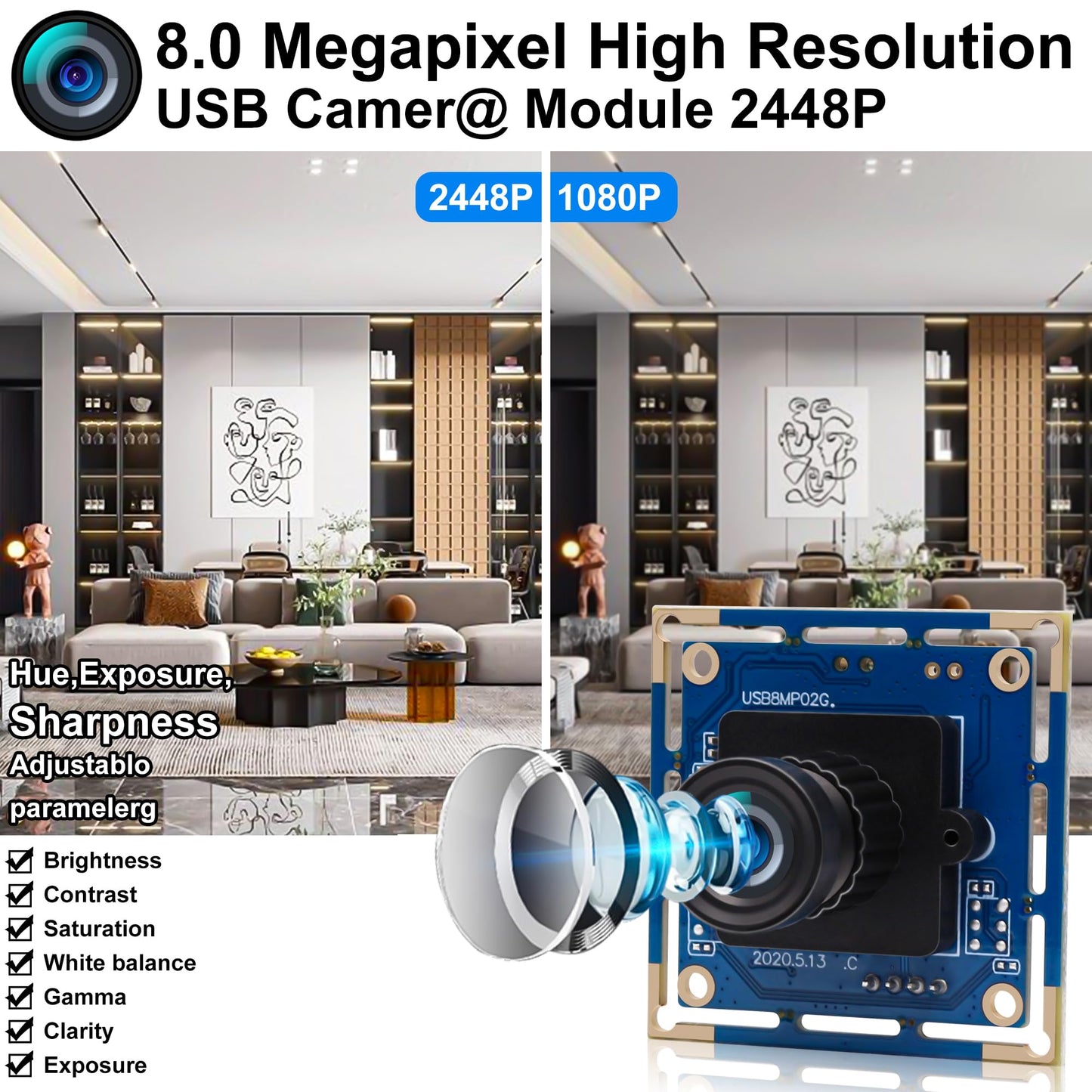 8MP USB Camera Module IMX179 3264x2448P HD Small UVC Webcam with M12 3.6mm Lens - Manual Focus Plug & Play for Lightburn 3D Printer Raspberry Pi PC Mac Linux - Industrial/Machine Vision
