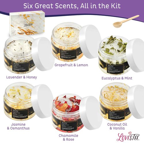 Mother's Day Epsom Salt Spa Gift Set of 6 Bath Salts - Coconut Vanilla, Jasmine Osmanthus, Eucalyptus Mint, Lavender Honey, Chamomile Rose, Grapefruit Lemon for Bath Gift Set for Women Baskets