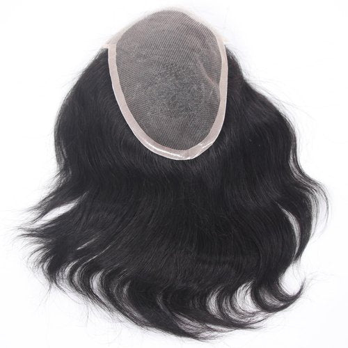 Voloria Swiss Lace Front with PU Men's Toupee Man Hairpieces Human Hair Replacement System for Men 4.5x7inch 10inches Long Hair 1B Black Color