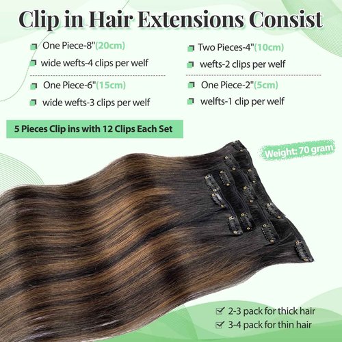 Clip in Hair Extensions Real Human Hair, Natural Black Highlights Medium Brown 18 Inches 5pcs Long Straight Clip ins Human Hair Extensions Handmade Double Weft Remy 70grams