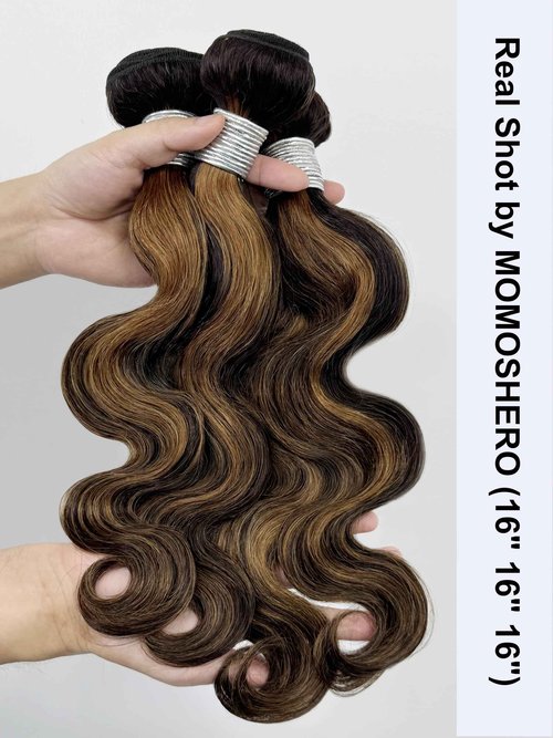 MOMOSHERO Brown Highlight 3 Bundles with 4x4 Closure Human Hair Body Wave HD Lace Free Part, Fb30 Soft and Glossy 12A Balayage #1b/30 Black and Brown Bundles and Closure 100% Remy Hair 10 12 14+10 In