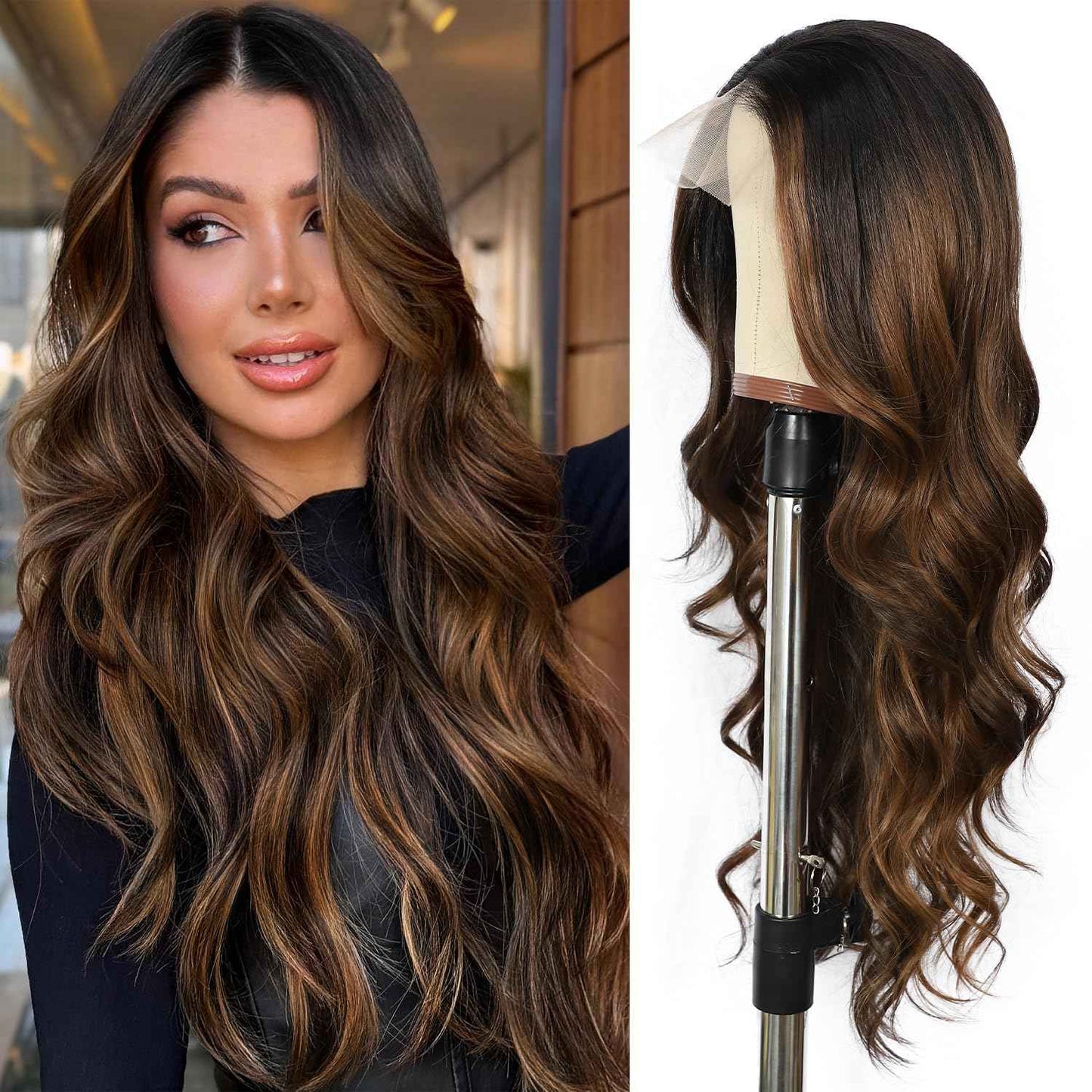 LLEI'Z Ombre Dark Brown Wavy Wig for Women, 13x4 Transparent Lace Front Long Dark Brown Wigs Middle Part Wavy Natural Looking Synthetic Heat Resistant Fiber for Daily Party Use 26 Inch