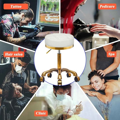 Gold Rolling Vanity Stool with Wheels, Padded Seat, Adjustable Round Rolling Chair, Office Work Stool, Pedicure Salon Spa Massage Esthetician Chair For Hair Salons, Spas, Tattoo (white, Without Back)