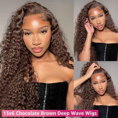 Chocolate Brown Deep Wave Lace Front Wigs Human Hair 13x6 Curly Human Hair Wig 200% Density Wet and Wavy HD Lace Front Wig Human Hair Deep Wave Wig for Women with Baby Hair (Chocolate Brown,26 IN)