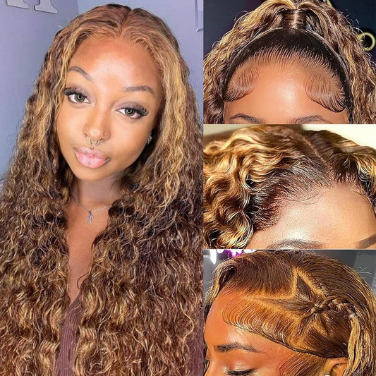 Honey Blonde 13x6 Deep Wave Lace Front Wigs Human Hair 22 inch 4/27 Highlight Ombre Deep Wave HD Transparent Lace Front Wigs Pre Plucked 200% Density Wet And Wavy Curly Lace Frontal Wig for Women