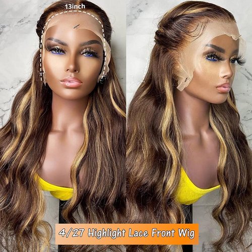 Naliandra 26 Inch Honey Blonde Lace Front Wig Human Hair Pre Plucked Ombre 13x4 Body Wave Lace Front Wigs Human Hair 4/27 Highlight 180 Density HD Lace Frontal Wigs