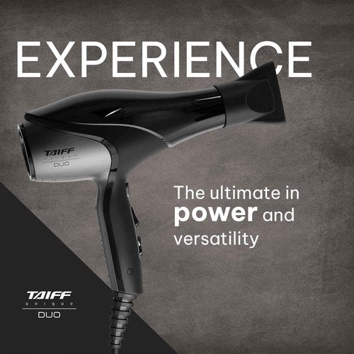 Taiff Unique Duo Professional Hair Dryer – 127V | 1875W Power | AC Motor | Tourmaline + Ionic & Ceramic Technology | Titanium Elements | 2 Concentrator Nozzles (Gray)