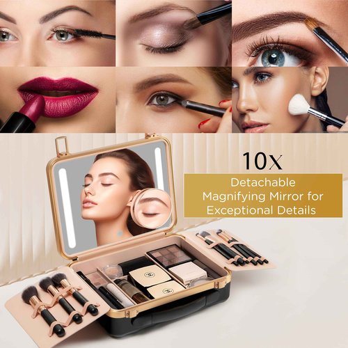 NJ GLAM Lighted Makeup Case with Mirror - Portable Travel Makeup Organizer with light up Mirror, 3 Light Settings, Rechargeable Makeup Bag with Mirror and Lights - Mini 10x magnifying Mirror included