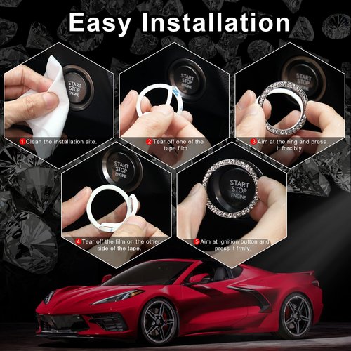 LivTee 2 PCS Crystal Rhinestone Car Engine Stop Decoration Ring, Bling Interior Accessories for Women, Push to Start Button Cover Sticker, Automotive Decals, White