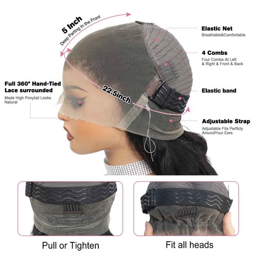 Hidden Strap Drawstring Wig 360 Lace Front Glueless Wigs Human Hair Pre Plucked Pre Cut 200 Density Glueless Body Wave Frontal 360 Full Lace Human Hair Wigs HD Lace Front Wigs 20 Inch
