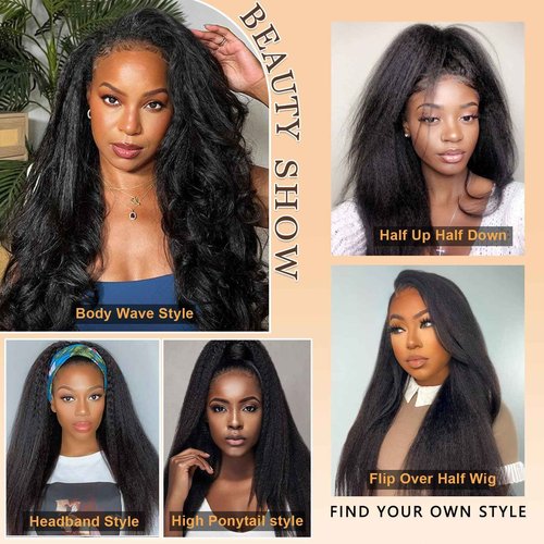 Glueless Half Wig Human Hair with Drawstring Kinky Straight Half Wig 180 Density Headband Wig Human Hair 3 In 1 Seamless Flip Over Half Wigs Human Hair 18 Inch Kinky Curly Half Wig