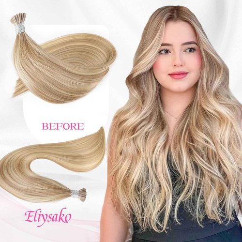 Eliysako I Tip Hair Extensions Human Hair Blonde Itip hair Golden Brown Mix Bleach Blonde 18inch 50g/pack Itip Human Hair Extensions Real Soft Nature Cold Fusion For Women