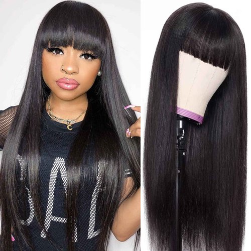 Straight Human Hair Wigs with Bangs None Lace Front Wigs 150% Density Glueless Machine Made Brazilian Virgin Human Hair Wigs for Black Women Natural Color(24 Inch, Straight)