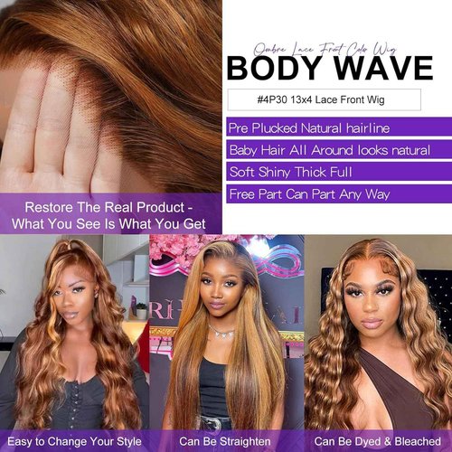 Peenoll Human Hair Wig Highlight P4/30 Lace Frontal Body Wave Pre Plucked Pre Cut Closure Glueless Wigs With Elastic Band 200% Density