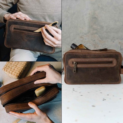 BERLINER BAGS Vintage Genuine Leather Toiletry Bag Max 2, Two Zippered Compartments, Large Capacity Cosmetics Bag for Men and Women for Travel - Brown