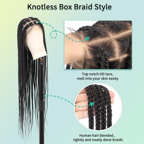 Fecihor 360° HD Full Lace Knotless Braided Wigs for Women Box Braid Wig with Baby Hair Human Hair Blended Natural Looking Black Braided Lace Front Wigs 36 Inch