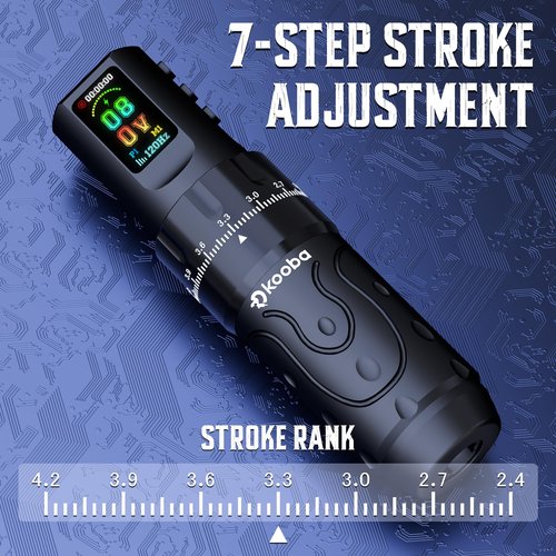 KOOBA TATTOO GUN KIT WITH WIRELESS TATTOO MACHINE/PEN 1800MAH BATTERY NORMAL/STIPPLING MODE RCA CONVERT ADAPTER 3 SPEED MEMORY FUNCTION 7 STROKES LENGTH 20 CARTRIDGES NEEDLES FOR ARTISTS & BEGINNERS