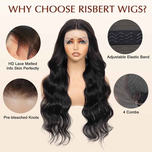 RISBERT 30 Inch 13x6 Lace Front Wigs Human Hair 200 Density Body Wave HD Lace Frontal Wigs Human Hair Pre Plucked with Baby hair Natural Color Glueless Wigs for Women
