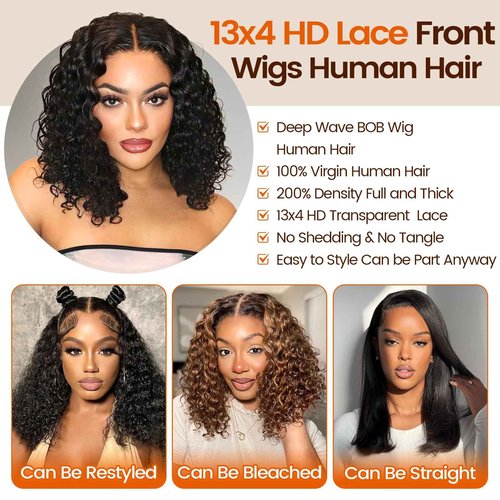 PREMAY Deep Wave 13x4 HD Lace Front Wigs Human Hair 200% Density Bob Wig Human Hair Pre Plucked Short Bob Wigs for Black Women Deep Curly HD Lace Frontal Wigs Natural Color 16 Inch