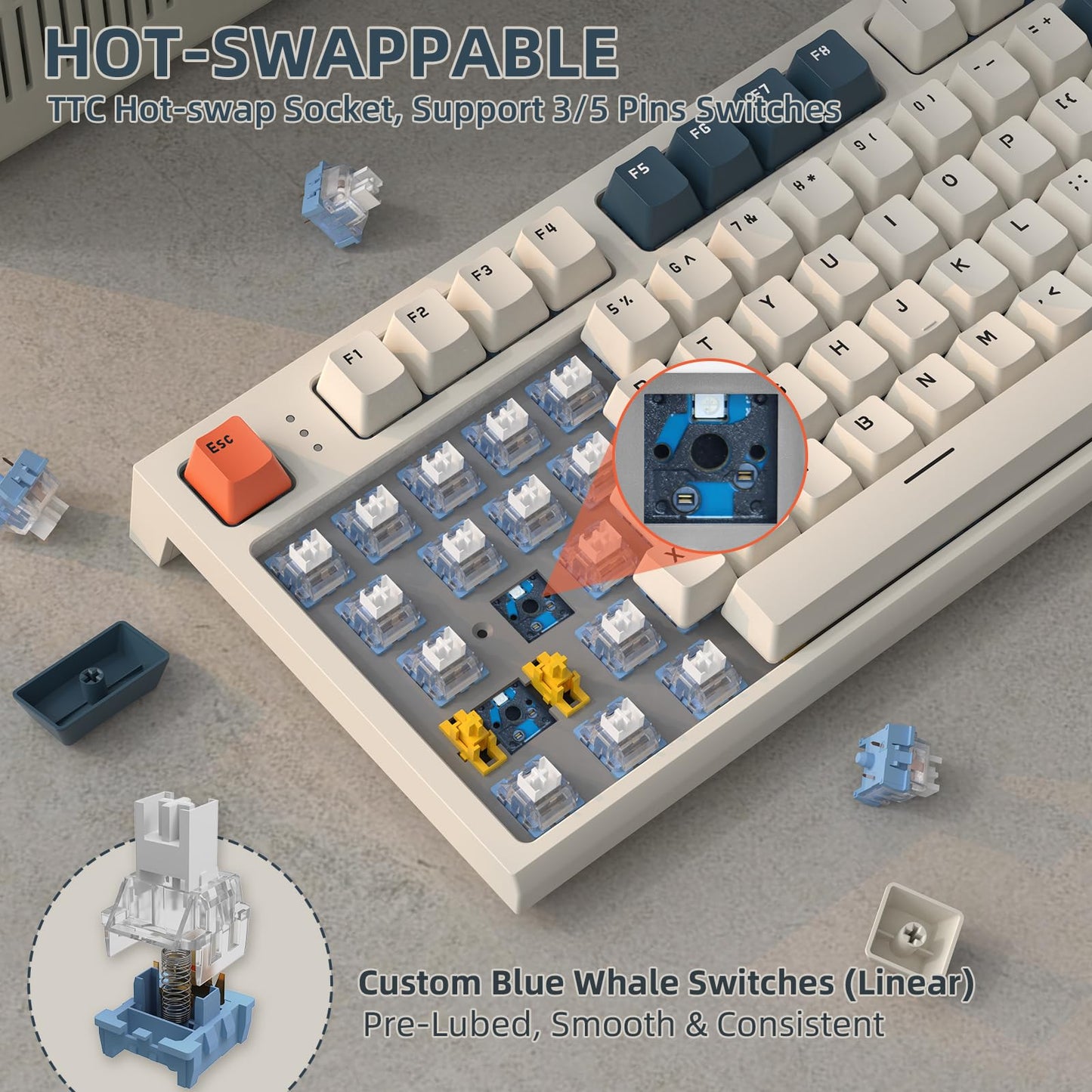 RK86 Mechanical Keyboard, 2.4G Wireless/BT5.0/USB-C Wired Gaming Keyboard 75% Layout TKL 87 Key with 1.2'' TFT HD Color Display & CNC Knob, 27 RGB Backlit TTC Hot-Swap Linear Switch PBT Keycap