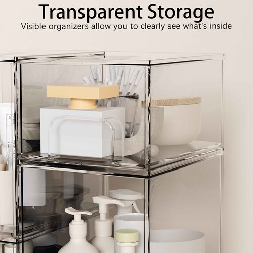 Binceen 5 Pack Stackable Storage Drawers, Clear Plastic Organizer Bins with Pull-out Handle for Makeup, Ideal for Vanity, Bathroom, Undersink, Cabinet, Pantry Organization