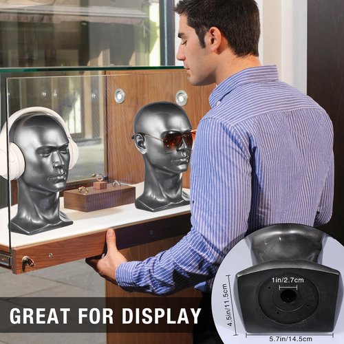 Geetery 2 Pcs Large Male Mannequin Head PVC Manikin Professional Man Head Model Silver Grey Display Stand for Display Wigs, Mask, Headset, Headphone, Hats, Jewelry, Hair, Glasses