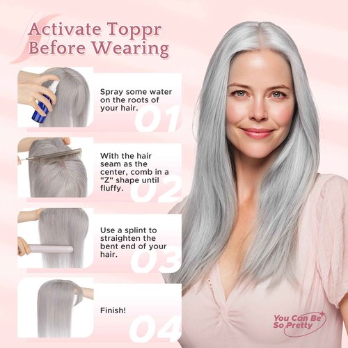 SEGO Grey Hair Toppers for Women Real Human Hair No Bangs, Salt and Pepper Hair Topper, 7 * 13 CM Silk Base Clip In Top Pieces -10 Inch G3 Light Grey Mix