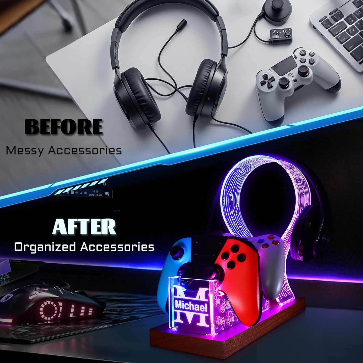 YuanDian Gamer Gifts for Teenage Boy, Desk Gaming Headset and Controller Stand with Blue Pink LED Night Light, Acrylic Wooden Controller Holder with PCB Pattern, Desk Decor Gift
