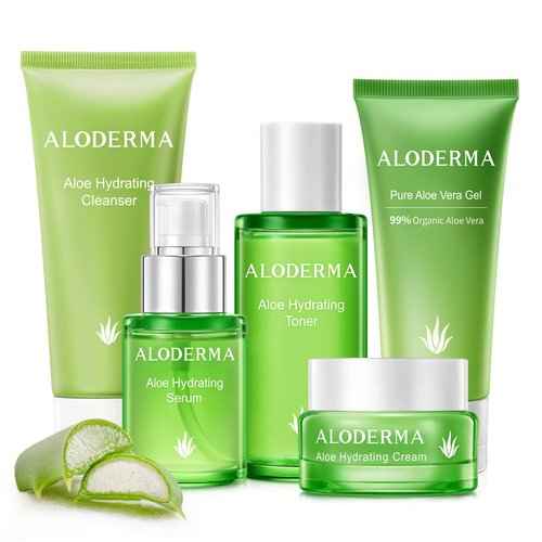 Aloderma Signature Aloe Hydrating Set - 5 Pieces - Aloe Vera Gel, Cleanser, Toner, Serum, Cream