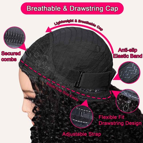 bituylnd Kinky Curly Half Wig Human Hair Glueless Human Hair Wig 200 Density 3 In 1 Seamless Flip Over Half Wigs Human Hair Drawstring Headband Wig for Women 18 Inch