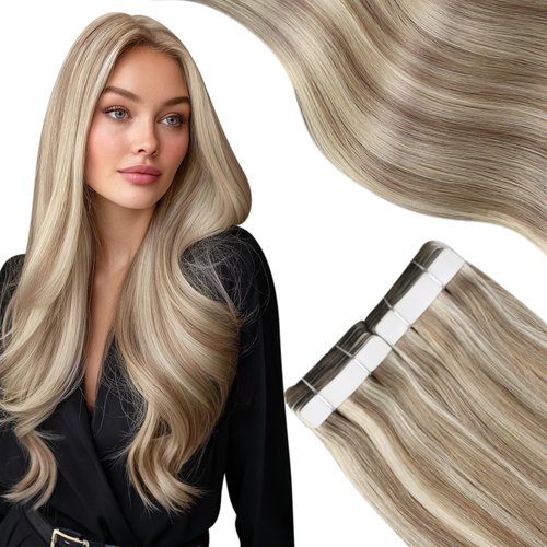Moresoo Blonde Tape in Hair Extensions Real Human Hair Light Brown Mix with Platinum Blonde Tape in Human Hair Extensions Invisible Glue in Extensions Human Hair 24 Inch #P9A/60 20pcs 50g