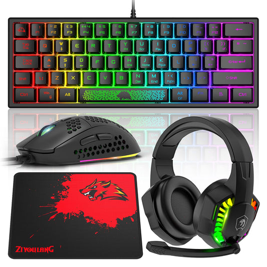60% Gaming Keyboard Honeycomb Mouse and RGB Headset Comboith Rainbow Backlight Ergonomic 62Key Mechanical Feeling Adjustable 7200DPI Mice Stereo Sound Headphone for PS4 Xbox One PC Mac Gamer