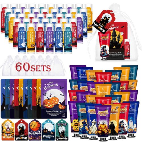 60 Pack Bulk Halloween Facial Mask, Hand Cream and Lip Balm Sets, Halloween Gifts, Halloween Party Favors, Halloween Decorations and Halloween Basket Stuffers with Halloween Card and Organza Bags