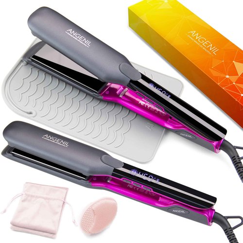 ANGENIL 2 in 1 Straightener and Curler, Ceramic Professional Flat Iron 1.75 Inch Wide, Anti-Scald Straightening Iron, Dual Voltage Hair Straightener for Women with Silicone Pad, LCD, 20S Fast Heating
