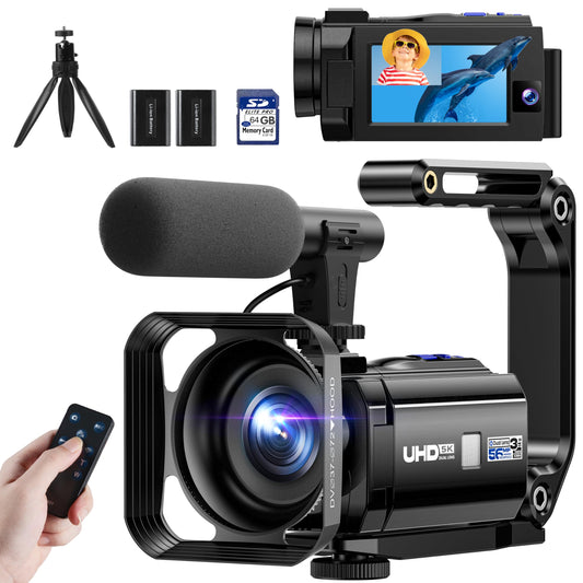 5K Camcorder Video Camera 56MP Vlogging Camera YouTube 16X Digital Zoom Webcam Anti-shake 3.0" 270° Rotation Touchscreen Dual Lens Cam corder with 64GB SD Card, 2 Batteries, Microphone, Remote, Tripod
