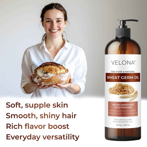 Wheat Germ Oil USP Grade by Velona - 64 fl oz | 100% Pure and Natural Carrier Oil | Unrefined, Cold Pressed | Cooking, Face, Hair, Body & Skin Care | Use Today - Enjoy Result
