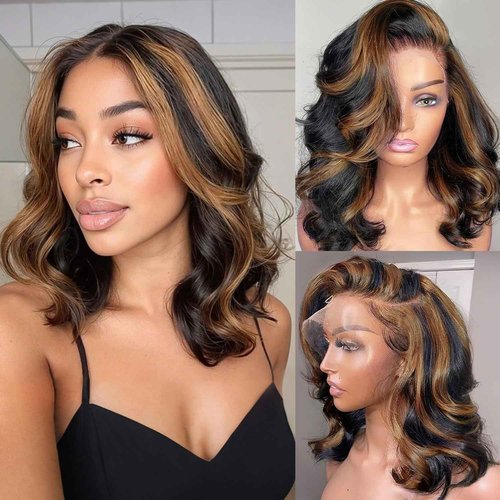 Afribye 13x6 Highlight Body Wave Lace Front Wigs Human Hair 200% Density FB/30 Ombre Frontal Wigs Human Hair Pre Plucked Short Wigs for Black Women Glueless Balayage HD Lace Wig Loose Wavy 14 inch