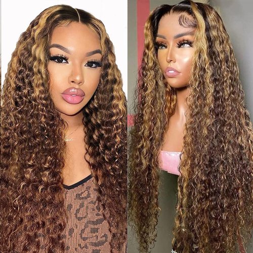 BLOCKICE 4/27 Highlight Ombre Lace Front Wigs Human Hair Pre Plucked 13x4 HD Honey Blonde Lace Front Wig Human Hair Wigs for Black Women 150% Density Deep Wave Glueless Wigs Human Hair 30 Inch