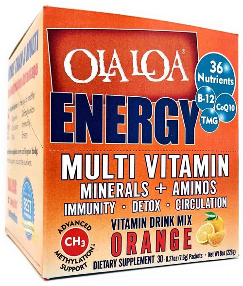 Ola Loa Energy Orange Multi Vitamin Drink Mix - Amino Energy Powder, Gluten Free, Detox, Dairy Free, Caffeine Free - Drink Your Vitamins for The Rigors of Daily Life - 30 Packets (8.25oz)