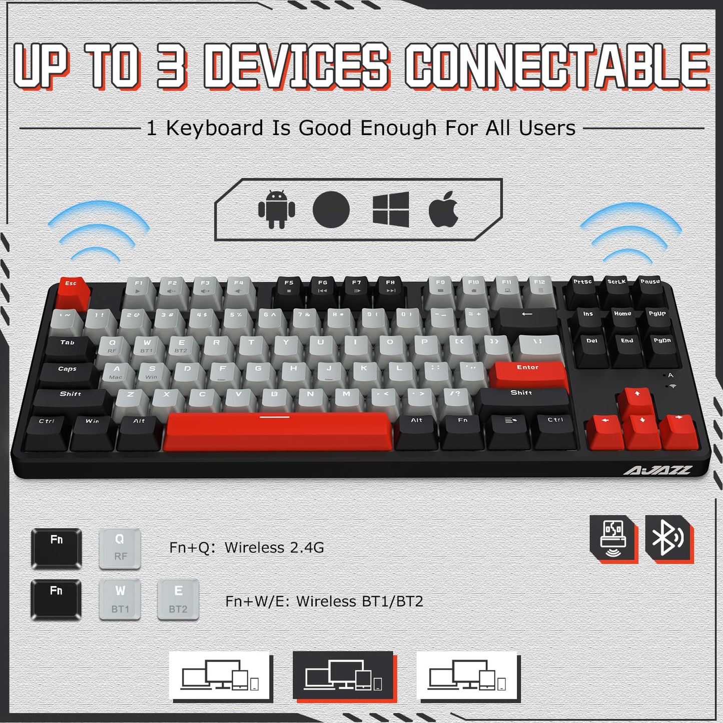 Ajazz AK871 Wireless Mechanical Keyboard,75% Mechanical Gaming Keyboard with USB Hub,2.4Ghz/Bluetooth 5.0 Dual Mode 87Keys Hot Swappable TKL Keyboard OEM Keycaps for PC/MAC(Linear Pre-lubed Switches)