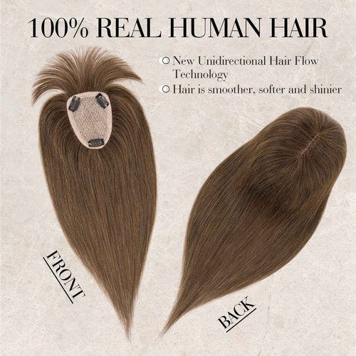 S-noilite Hair Toppers for Women Real Human Hair, 100% Human Hair Toppers with Bangs for Thin Hair, 3.5"*4.7" Handmade Nature-mimicking Scalp Base 12” Natural Brown