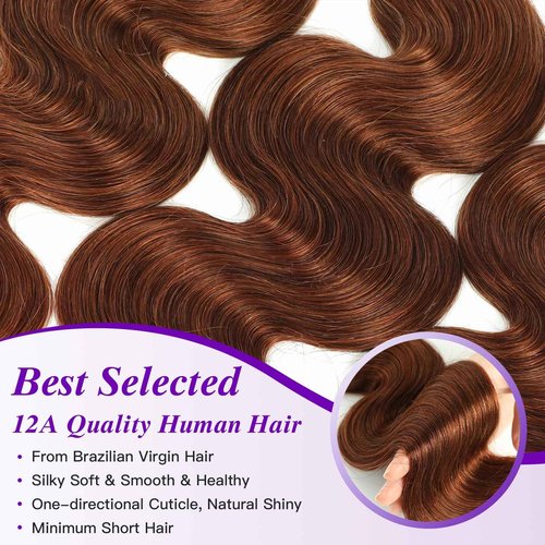 Light Reddish Brown Bundles with Closure Human Hair Body Wave, Color 30 Copper Brown 12A Brazilian Raw Virgin Human Hair 3 Bundles with 4x4 Closure Loose Wavy Quick Sew In Weave 10 12 14+10 Inch