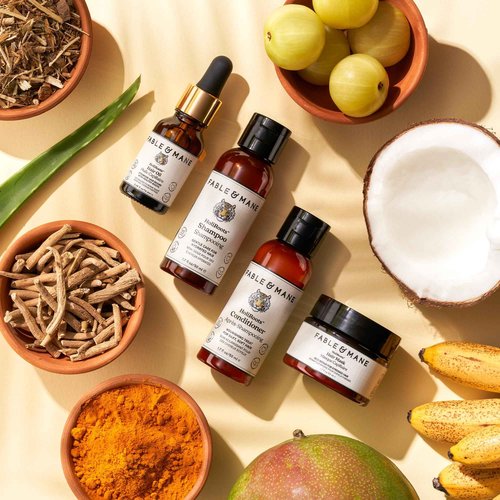 Fable & Mane Good Karma Hair Gift Set, for Stronger, Healthier Hair. Travel-sized Minis of HoliRoots Hair Oil, Hydrating Shampoo, Conditioner and Hair Mask