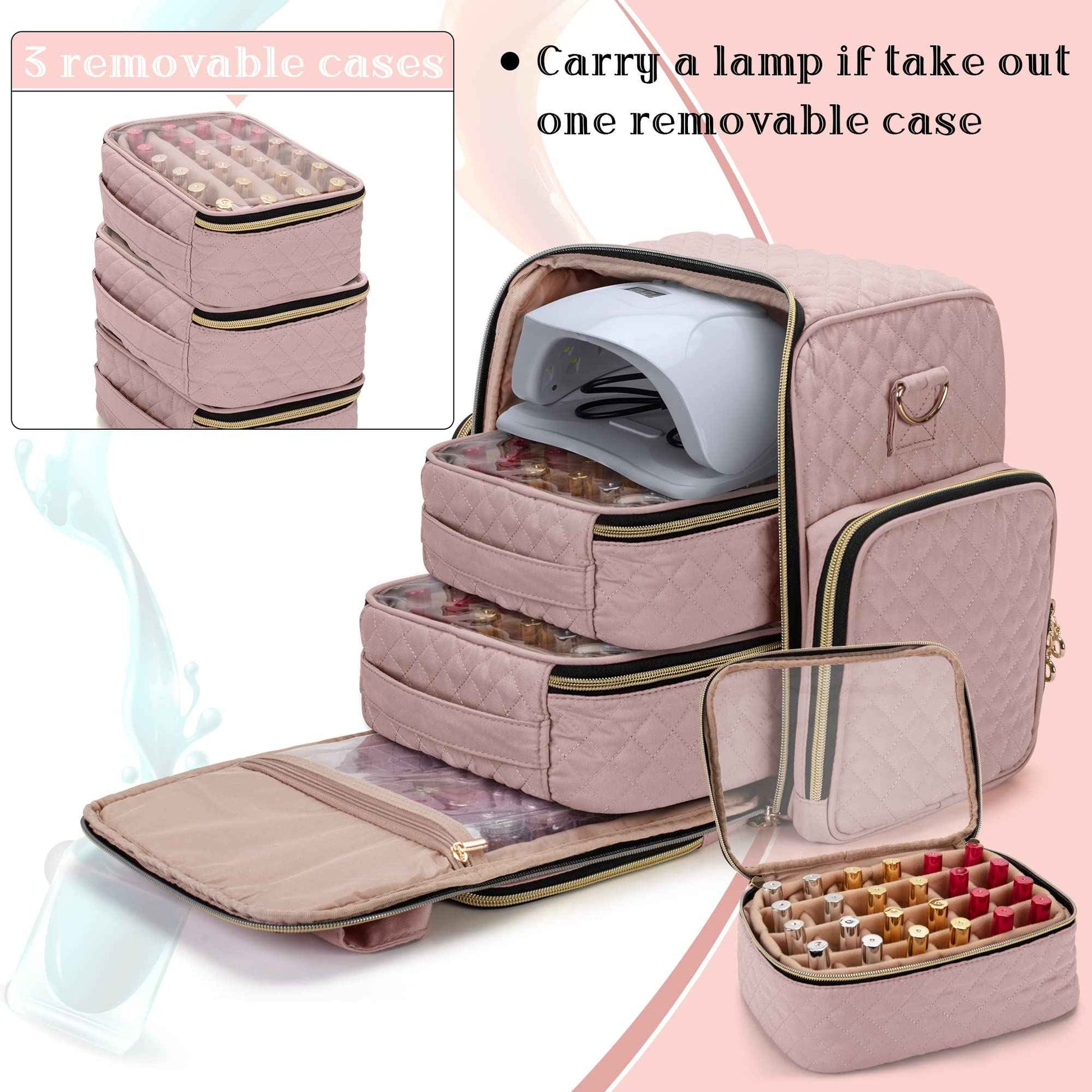 LUXJA Nail Polish Organizer Holds 72 Bottles, Nail Polish Case with 3 Removable Bags and Tools Storage Pockets (Patent Pending), Pale Rose