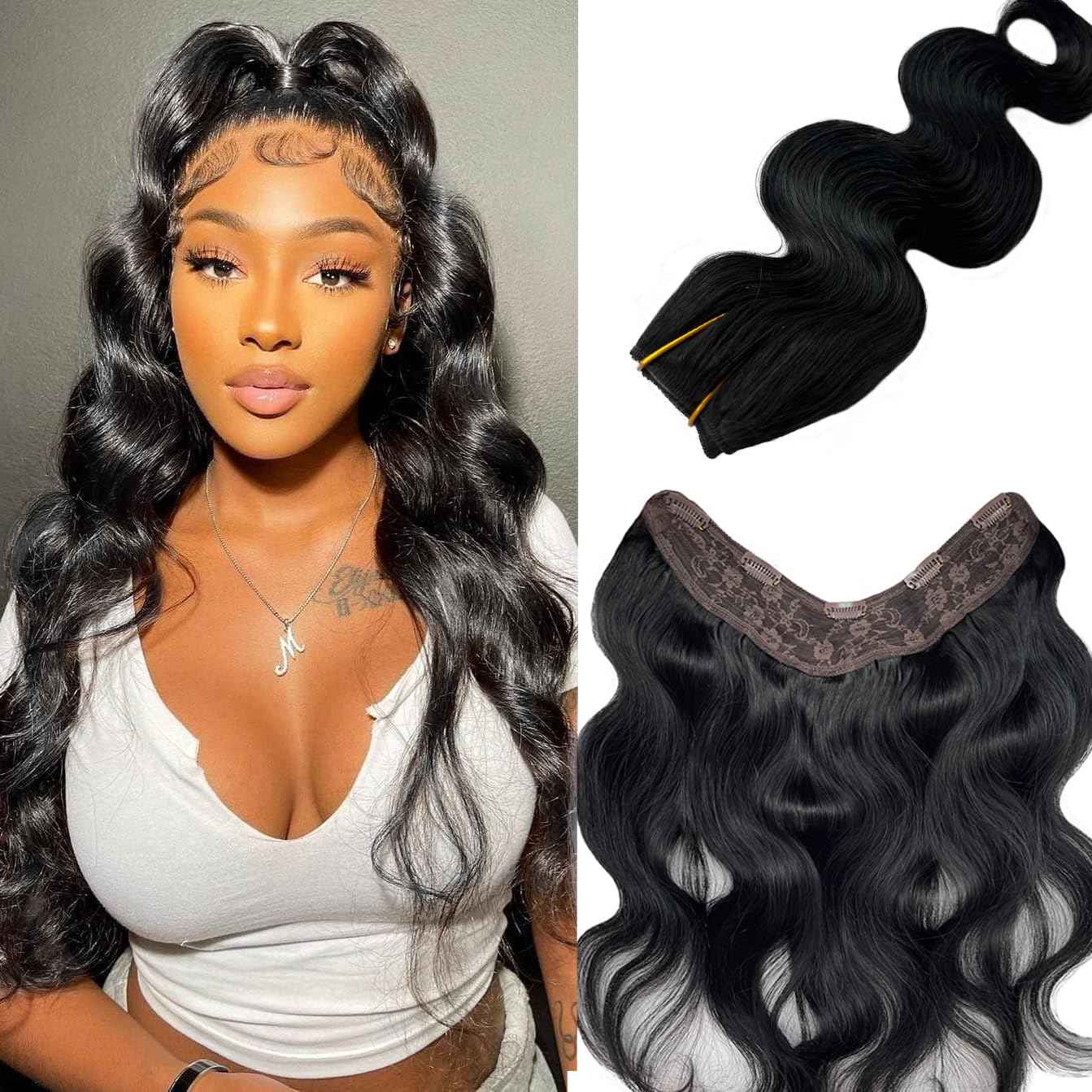 Human Hair Clip in Hair Extensions Invisible Hairpiece Brazilian Human Hair Jet Black 24Inch 120G for Women Adding Hair Volume Double Weft Silky Straight PU Clip in Hair Extensions