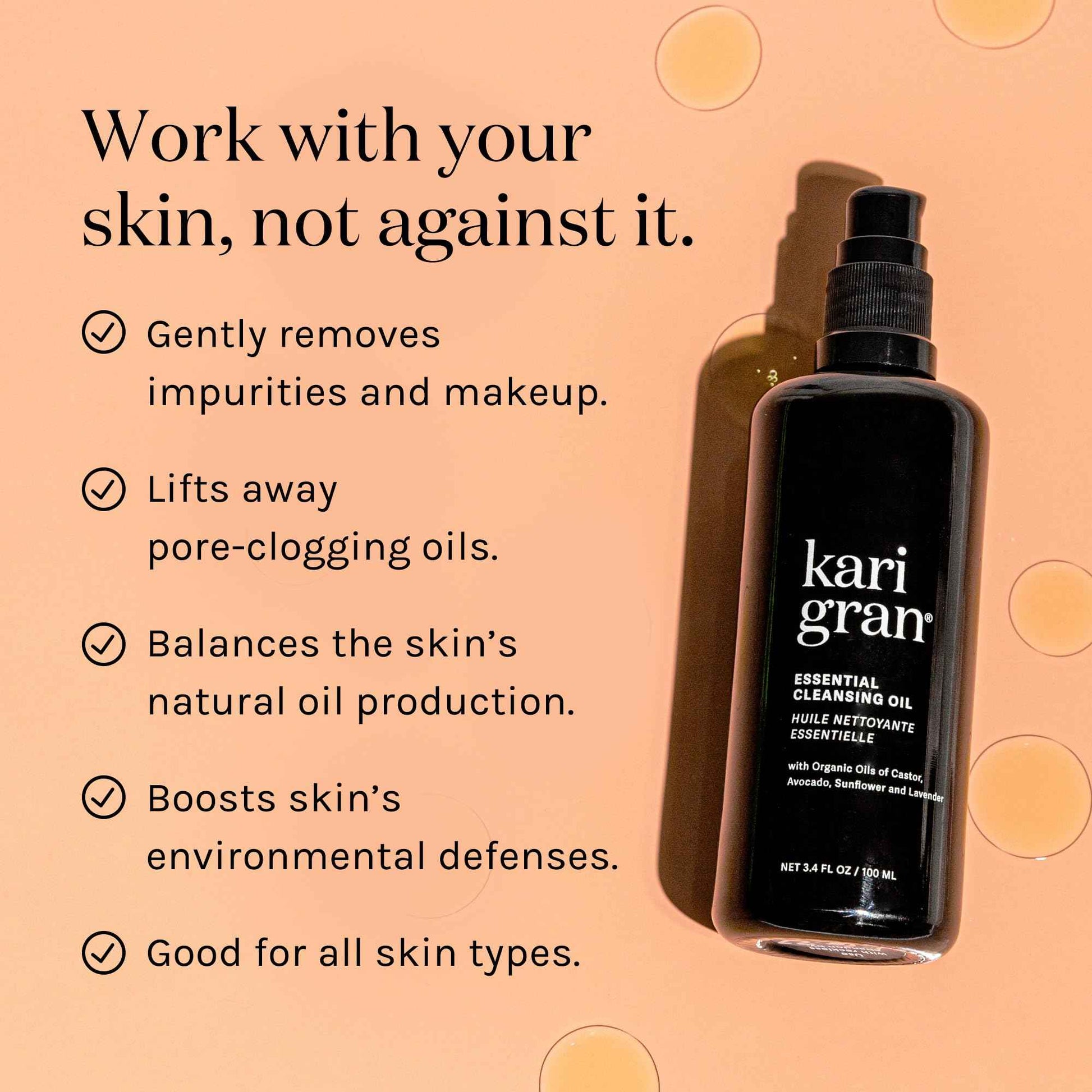 Kari Gran Essential Cleansing Oil | Organic Face Cleanser for All Skin Types | Gently Removes Makeup, Sunscreen & Impurities | Hydrates & Exfoliates | Cruelty-Free (3.4 fl oz)