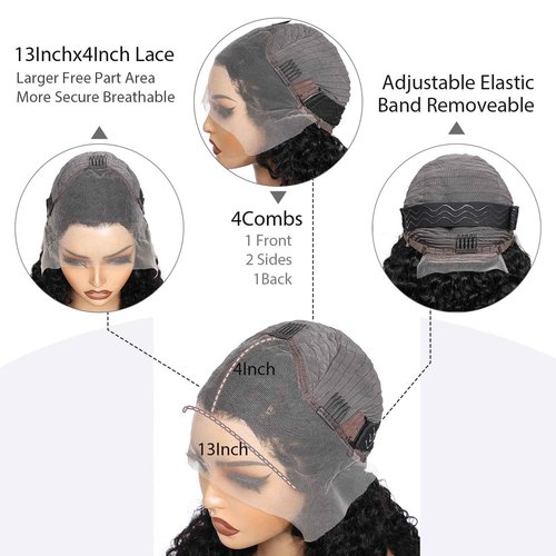 Qmaple 4C Edges Kinky Curly Lace Front Wigs Human Hair 200% Density Deep Wave Curly Wig Pre-Plucked Hairline 13x4 HD Transparent Lace Frontal Wigs With Curly Edges Baby Hair（16 Inch Natural Black）