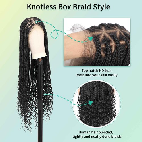 Fecihor 360° HD Full Lace Triangle Knotless Braided Wigs with Boho Curly Ends for Women Box Braid Wig with Baby Hair Premium Synthetic Black Braided Lace Front Wigs 36 Inch