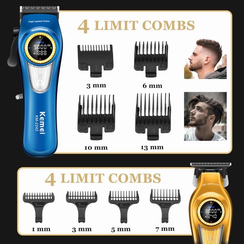 KEMEI Professional Hair Clippers for Men, Cordless Barber Clippers with LED Display and Charging Base, T-Blade Hair Trimmer, KM-2242 Blue, KM-1677